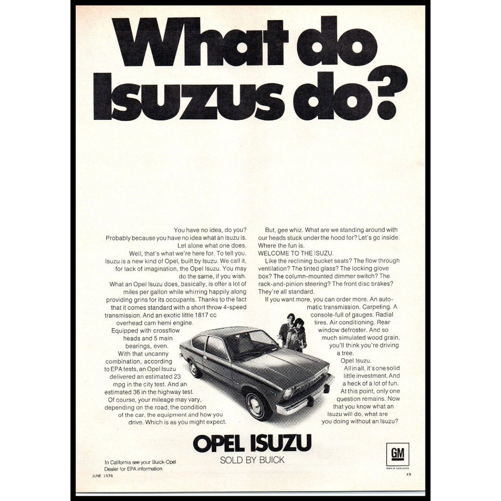 1976 Buick Opel Isuzu 2 Door Compact Car Vintage Print Ad Man Cave Wall Art